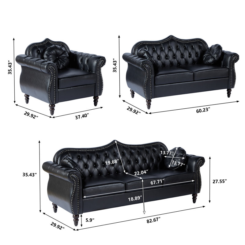 Ensemble de salon en cuir 3 pièces Cellina, Noir