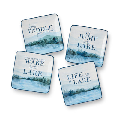 Ensemble de 4 assiettes Wape at the Lake de 6 pouces inspirées du bord du lac avec décorations nautiques, pagaies et cabines, grès durable, lavable au lave-vaisselle, parfait pour les hors-d'œuvre et les desserts