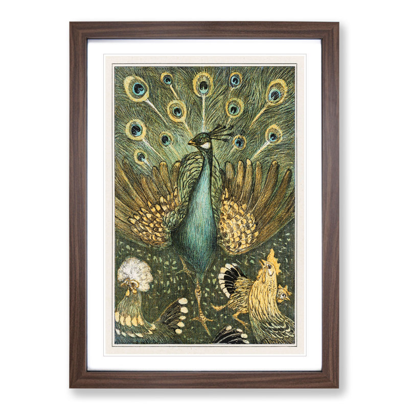 Peacock with Chickens by Theo Van Hoytema - Framed Print, 65cm H x 48cm W x 2cm D, Walnut Framed