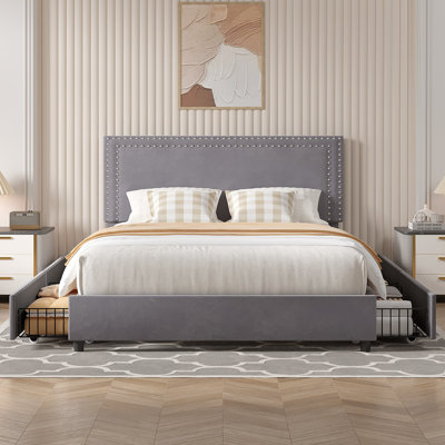 Full Size Bed with Storage Drawers Upholstered Platform Bed Adjustable with Nailhead Trim Headboard Wooden Slats Support Bed Frame