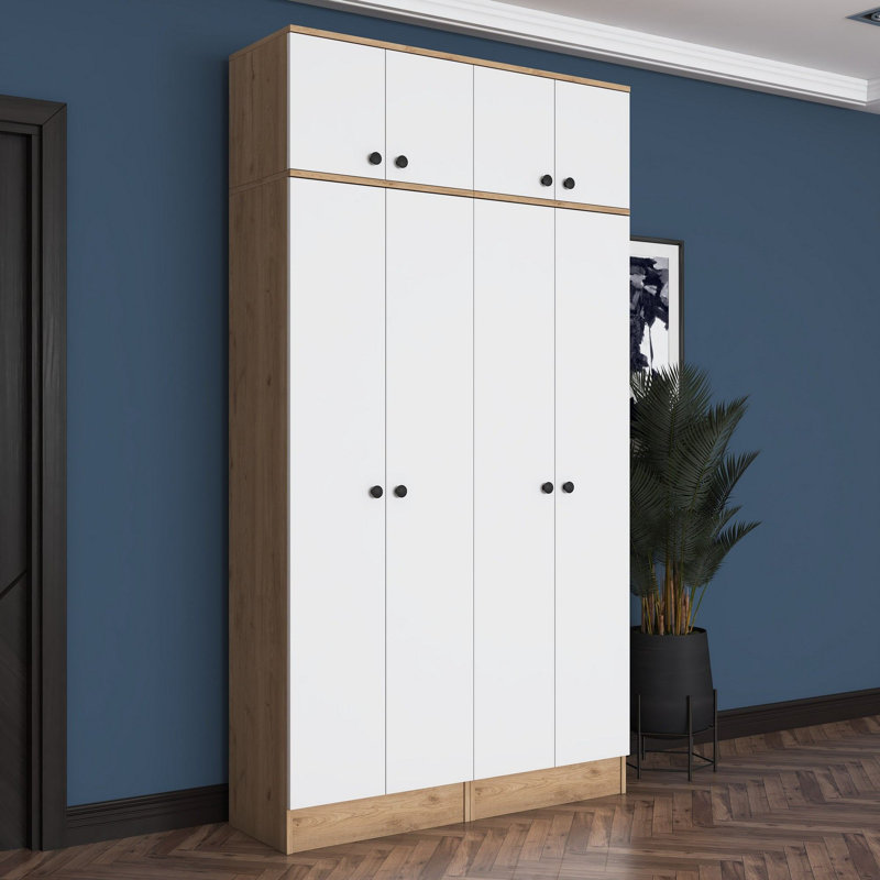 Portemanteau moderne avec porte-manteau et tablettes, noyer et blanc, 47,1 x 89,0 x 14,8 pouces | 100% aggloméré enduit de mélamine de qualité E1, épaisseur durable de 0,71 pouce | Élégant rangement pour hall d'entrée, conception murale