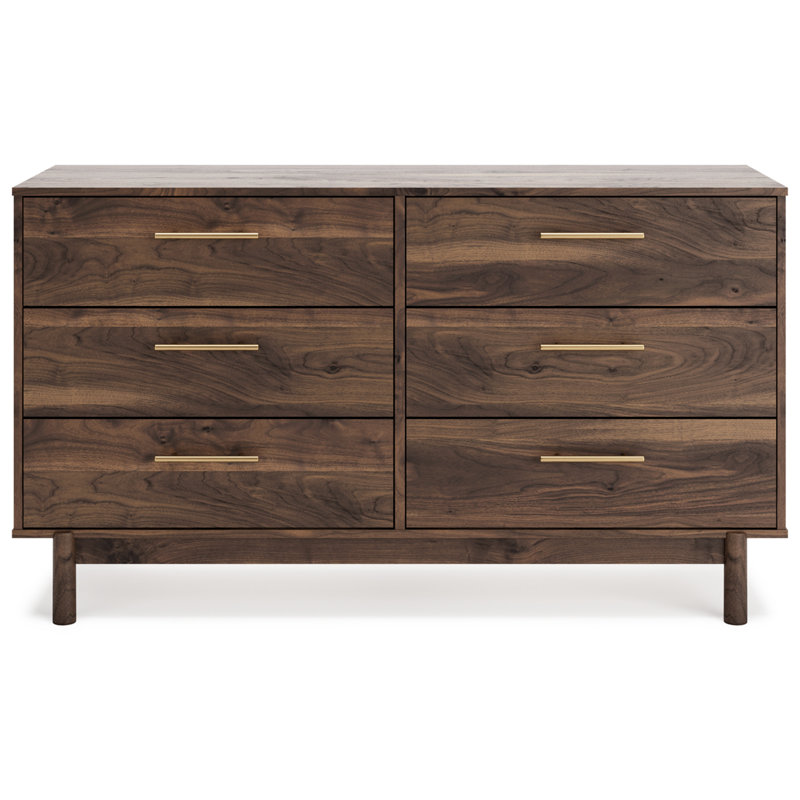Dark Brown 6-Drawer Walnut Wood Dresser with Goldtone Handles