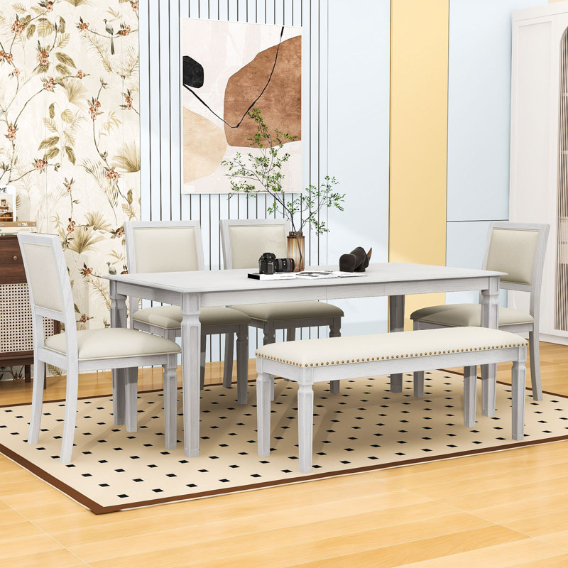 Ensemble de table de salle à manger 6 pièces, table extensible rétro avec rallonge amovible, chaises rembourrées et banc