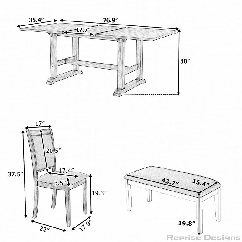 Ensemble de 6 tables de salle à manger extensibles à tréteaux de 76,9 pouces avec rallonge amovible, ensemble de table de cuisine avec chaise d'appoint rembourrée et banc