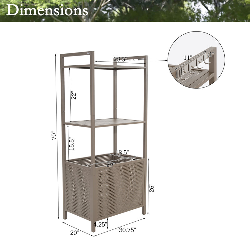 3-tier Storage Rack Metal Shelf With Hooks And Basket, Pool Float Caddy, Rust-resistant Organizer For Poolside Towels, Garden Tools, Home & Office Supplies