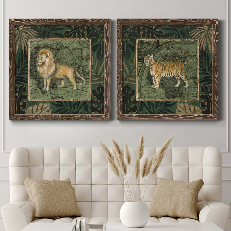 Jungle Lion - ensemble de 2 peintures sur toiles encadrées, H 35,5 po x l 71 po x P 1,5 po, Cadre noyer