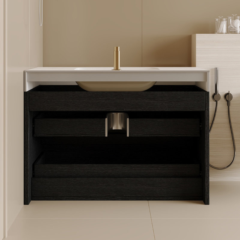 Ensemble de meuble-lavabo mural moderne 29,9 po avec lavabo en céramique et comptoir en faux marbre, meuble-lavabo mural avec 2 tiroirs à fermeture en douceur