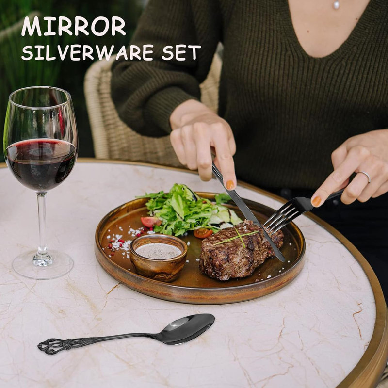 60-Piece Black Stainless Steel Flatware Set For 12, Elegant Baroque Style Mirror Finish Cutlery Set With Spoons, Forks And Knives, Dishwasher Safe Silverware Service