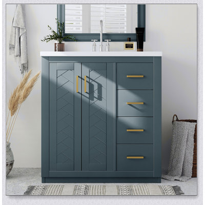 Meuble-lavabo de 30 po avec lavabo en céramique, structure en bois massif, armoire de rangement autoportante avec 3 tiroirs et portes à fermeture douce