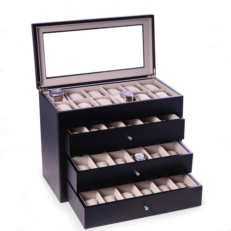 Wood Watch Box + Drawers, Black
