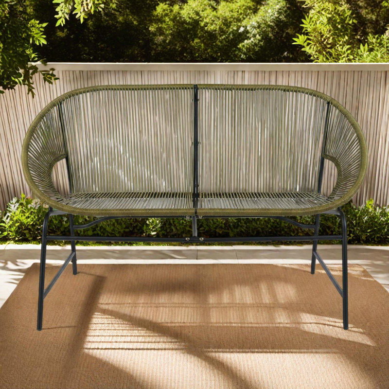 Causeuse d'extérieur en osier de patio avec cadre en fer, banc courbé 2 places, Vert / noir