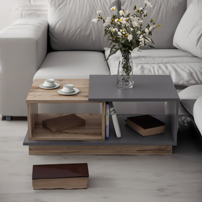 Table basse moderne avec design mural, finition anthracite et chêne, 35,4 x 14,2 x 14,2 pouces | 100% panneau de particules enduit de mélamine, épaisseur: 0,7 pouce | Élégant avec de nombreuses tablettes de rangement