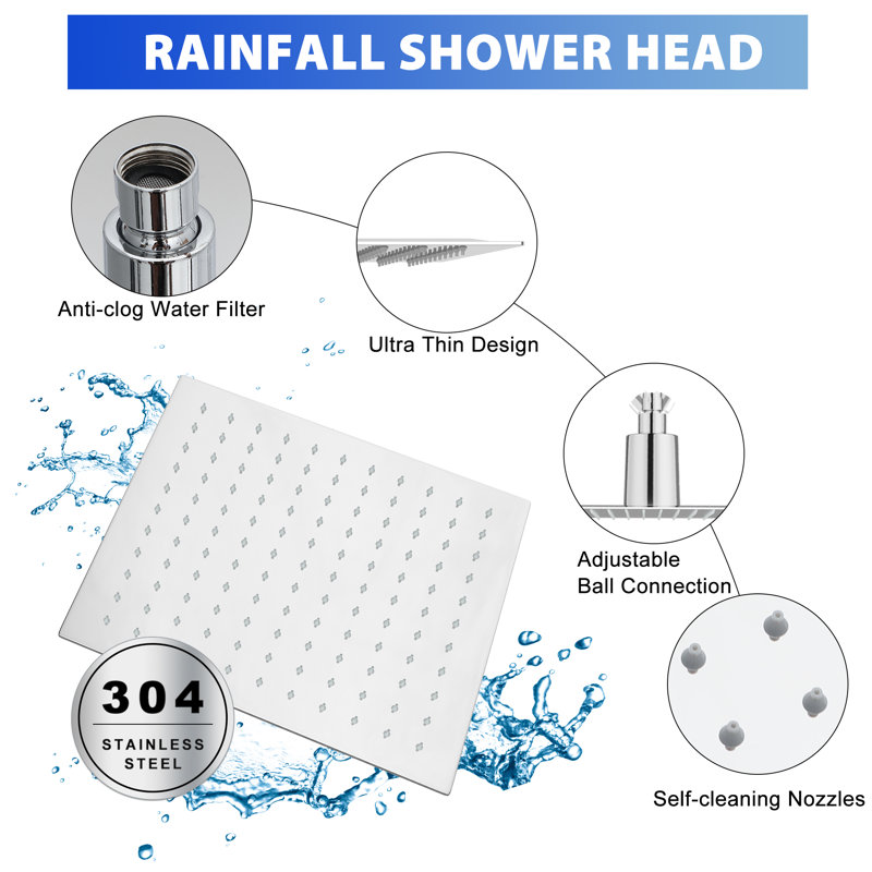 Pommeau de douche mince à effet pluie, fixation au plafond, style carré, Chrome poli, 10 po de largeur