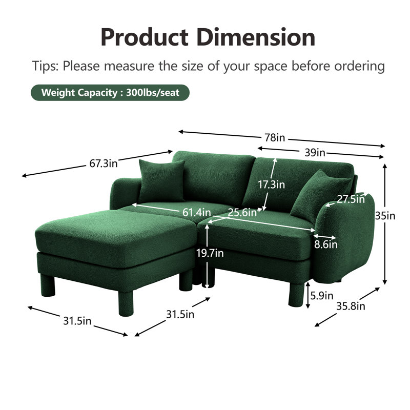 Sectionals Sofa, Living Room Set, L Shape Sofa, Boucle Fabric , Green Boucle