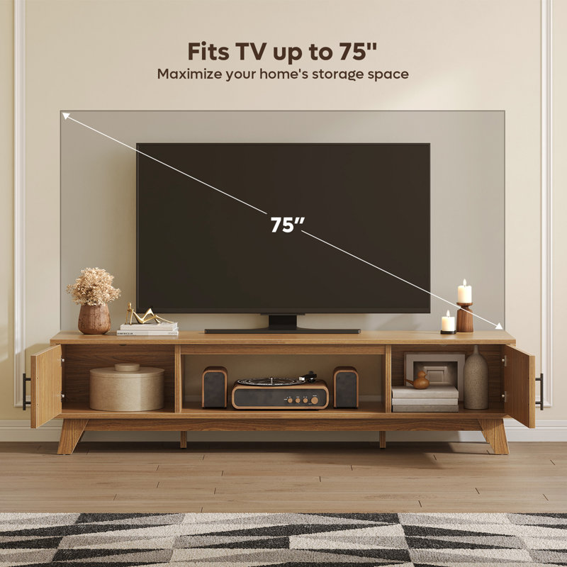 70" Mid Century Modern TV Stand for 75" TV, Modern Entertainment Center with Fluted Storage Cabinet & Open Shelf , Brown