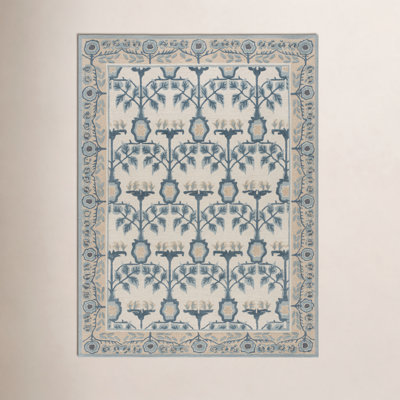 Ivory Blue Hand-Tufted Floral Wool Rug