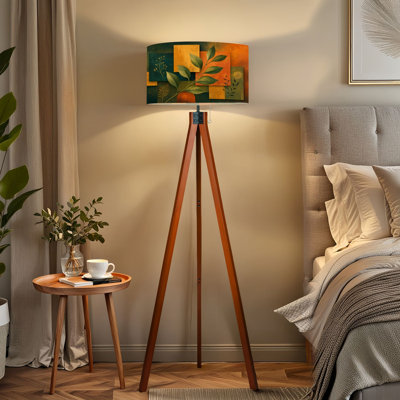  Lampe trépied sur pied avec art botanique abstrait à feuilles vertes, formes géométriques et tons terreux