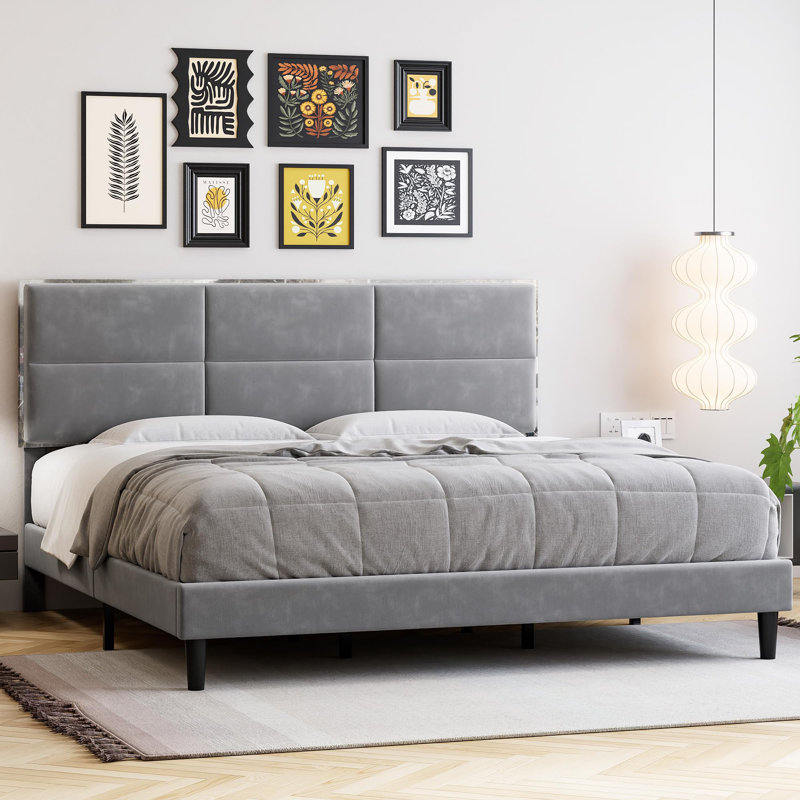 Structure de lit, base de lit tapissier avec tête de lit carrée en velours, lattes en bois, Double