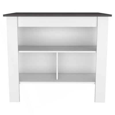 Îlot de cuisine, table de cuisine H 35 po, quatre pieds, trois tablettes de rangement ouvertes
