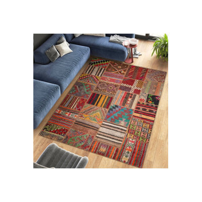 Machine Washable  Multicolor Patchwork Look Woven Base Modern Decorative Rug