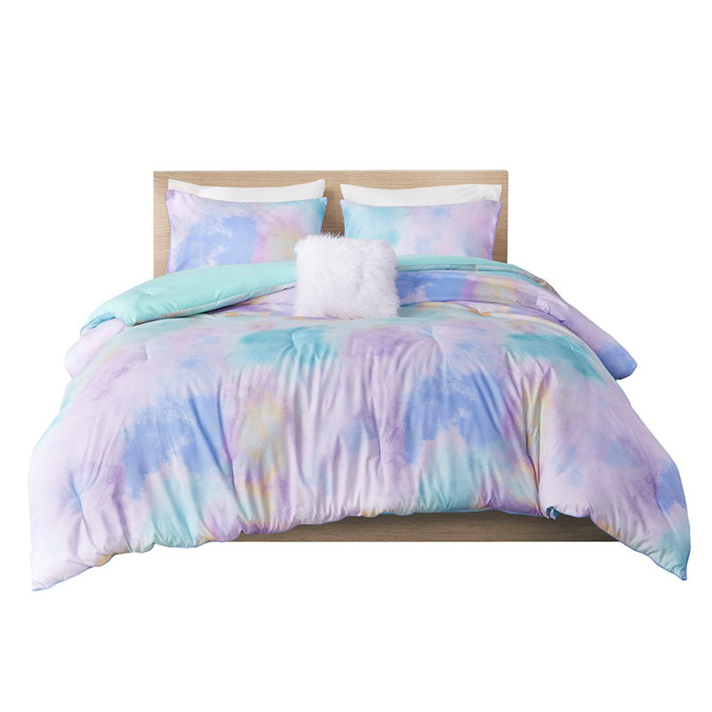 King/Cal King Watercolor Tie Dye Printed Comforter Set With Throw Pillow, King/Cal King Comforter + 3 Additional Pieces