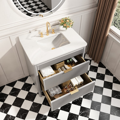 Meuble-lavabo de salle de bain sur pied gris simple 36 po avec comptoir en marbre d'ingénierie, structure en bois massif, tiroirs à fermeture en douceur, ensemble de tiroirs, plateau à finition enduite imperméable, maquillage, fonctionnalité,