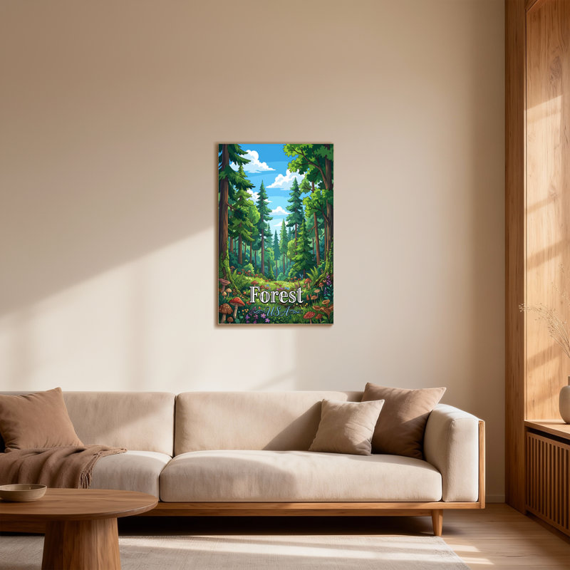 Scène de forêt avec arbres, champignons et fleurs, H 36 po x l 24 po