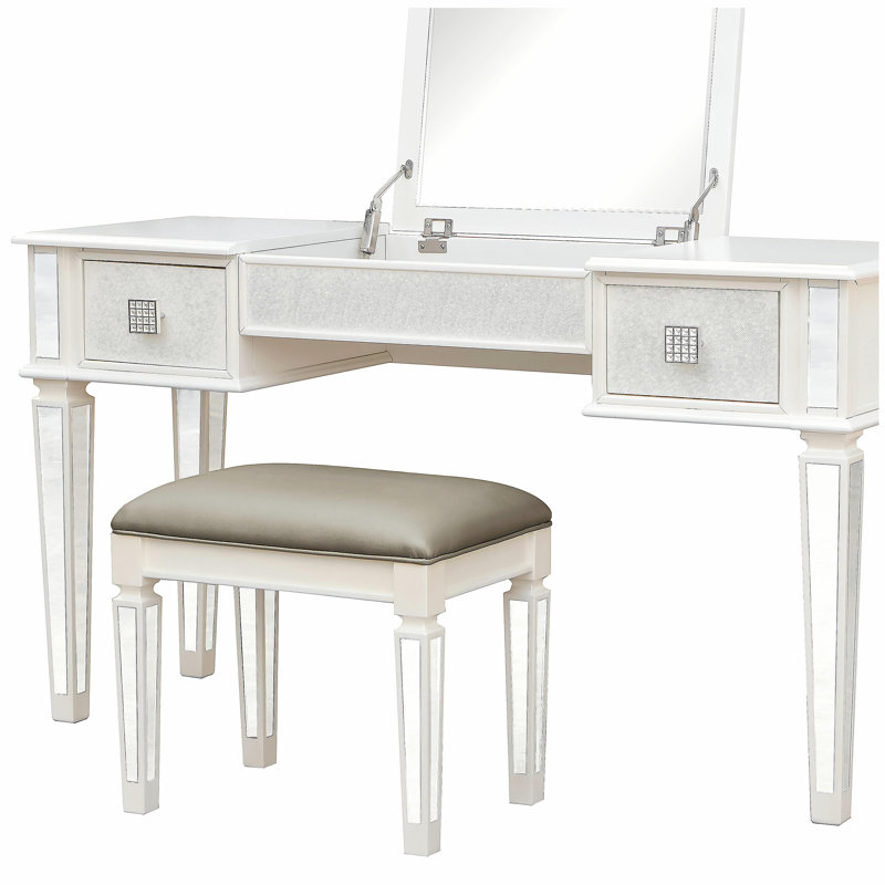 Mirrored Vanities Desk with Drawers, Bedroom Makeup Vanity Table Set with Mirror and Stool, Flip Up Dressing Table for Bedroom/Makeup Room, Working Desk for Women, Girl Furniture Combo