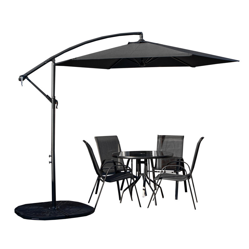 Outdoor 4 Person Round Glass Top Garden Dining Table Chairs With Banana Parasol And Base, Black