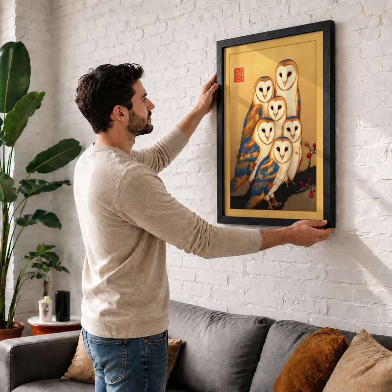 Six Barn Owls Together Japandi 1 Piece Single Picture Frame Wall Art, A1 - 84.1 x 59.4 cm, White