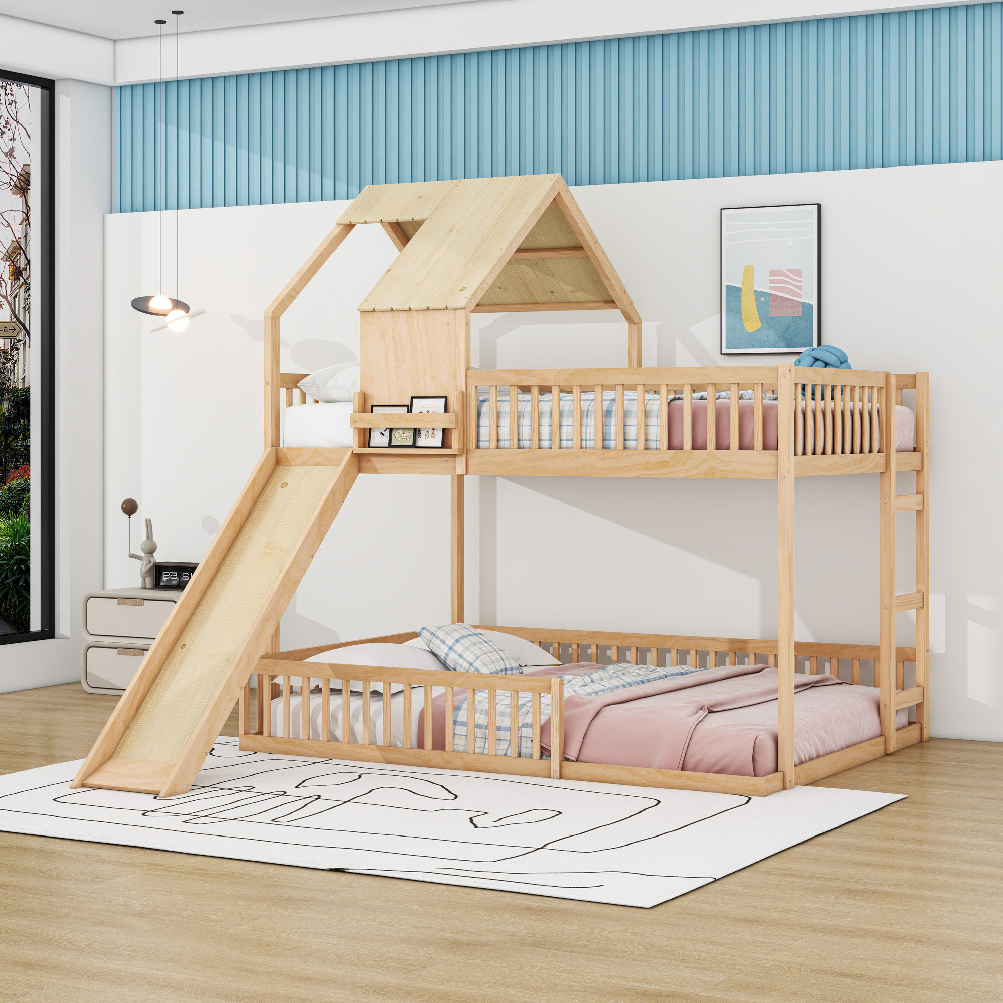Harriet Bee Full XL over Queen Wooden Floor House Bunk Bed with Slide ...