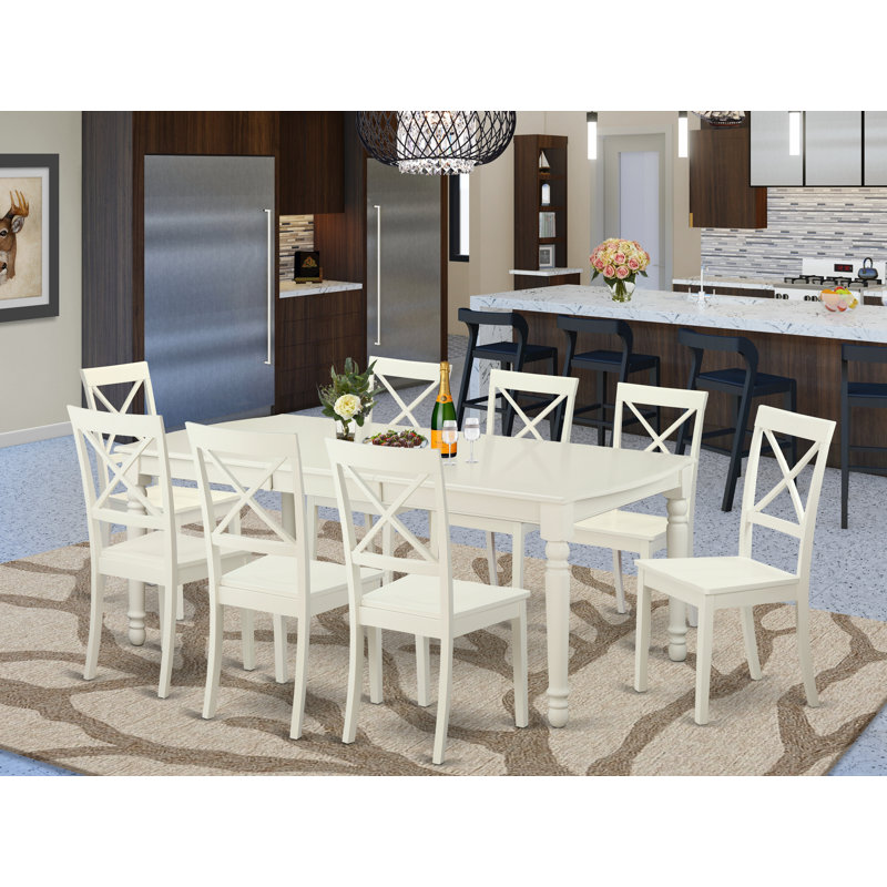 Ensemble de salle à manger 9 pièces comprenant une table de cuisine rectangulaire avec rallonge papillon et 8 chaises de salle à manger, lin blanc