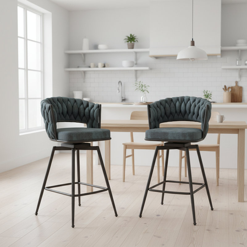 26" Swivel Bar Stools Set Of 2 – Suede Upholstered Counter Stools With Woven Backrest, Metal Base & Footrest