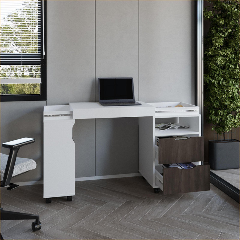 Bureaux, extensible avec 2 tiroirs, 4 tablettes, 4 roulettes | Blanc | Bois d'ingénierie