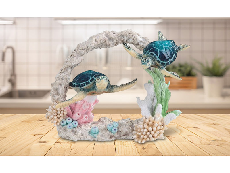 Figurine de couple de tortues de mer bleues de 9 po nageant autour d'un corail