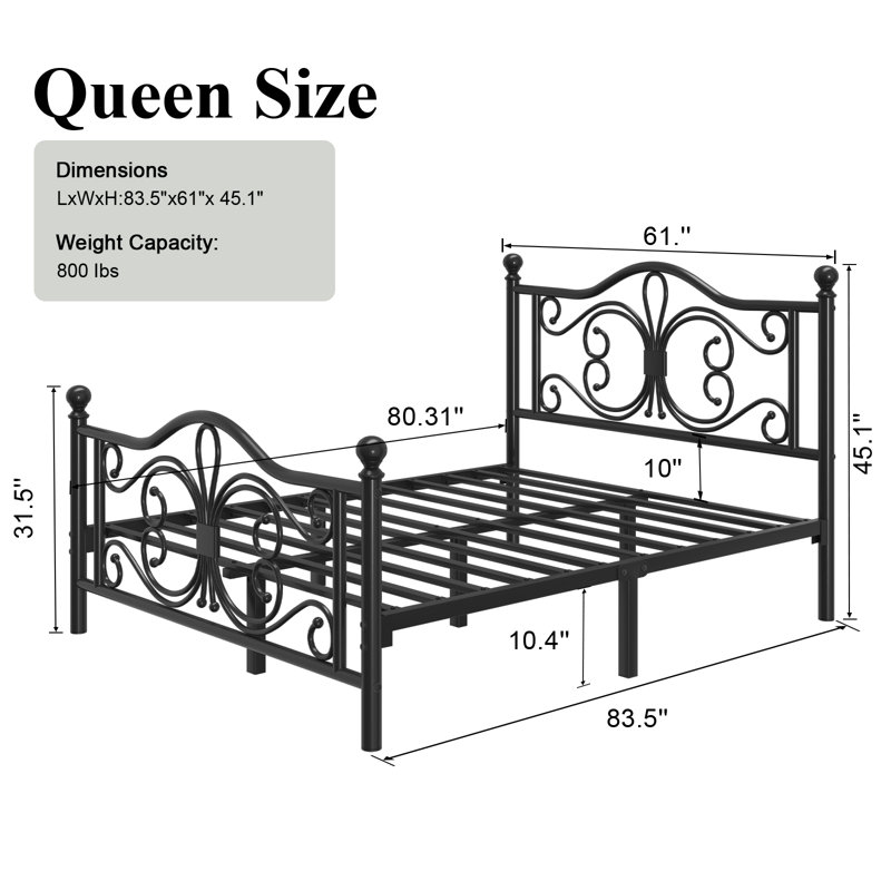 Queen Metal Platform Bed with Butterfly-style headboard and Footboard, Under-Bed Storage, Easy Assembly, Black, Black, Queen