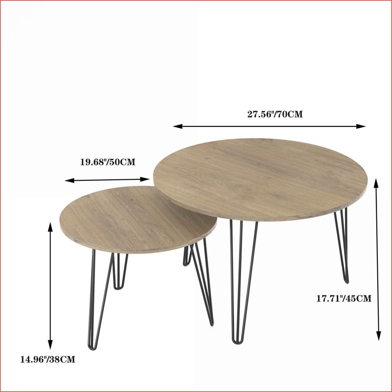 Ensemble de 2 tables basses gigognes ronds peu encombrantes, plateau en MDF brun Cadre en métal pour petits espaces, Brun