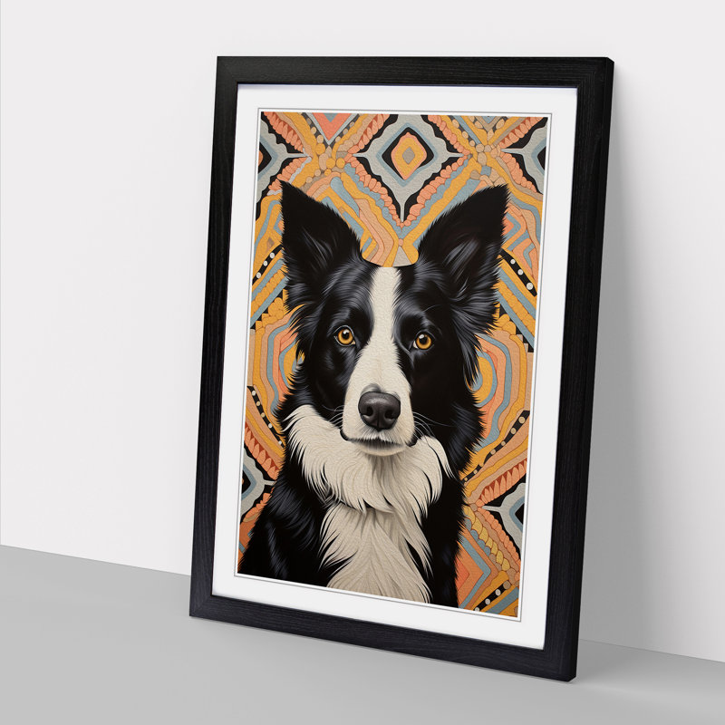 Border Collie Art Deco No.2 - Framed Print, 46cm H x 34cm W x 2cm D, Black Framed
