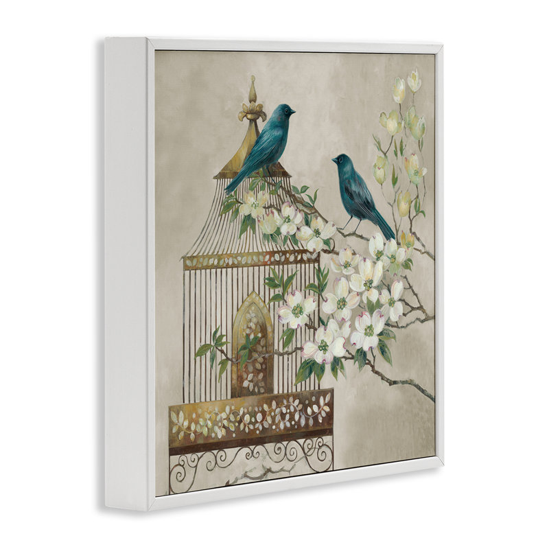 «Neutral Birdcage Menagerie», giclée par Elaine Vollherbst, H 24 po x l 24 po, Estampe numérique encadrée blanc bord de mer