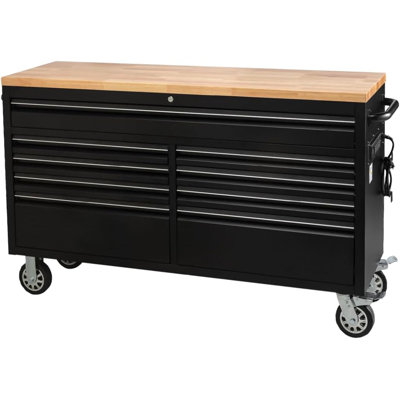 Coffre à outils 61 po à 9 tiroirs avec plateau en bois et armoire de rangement mobile pour garage