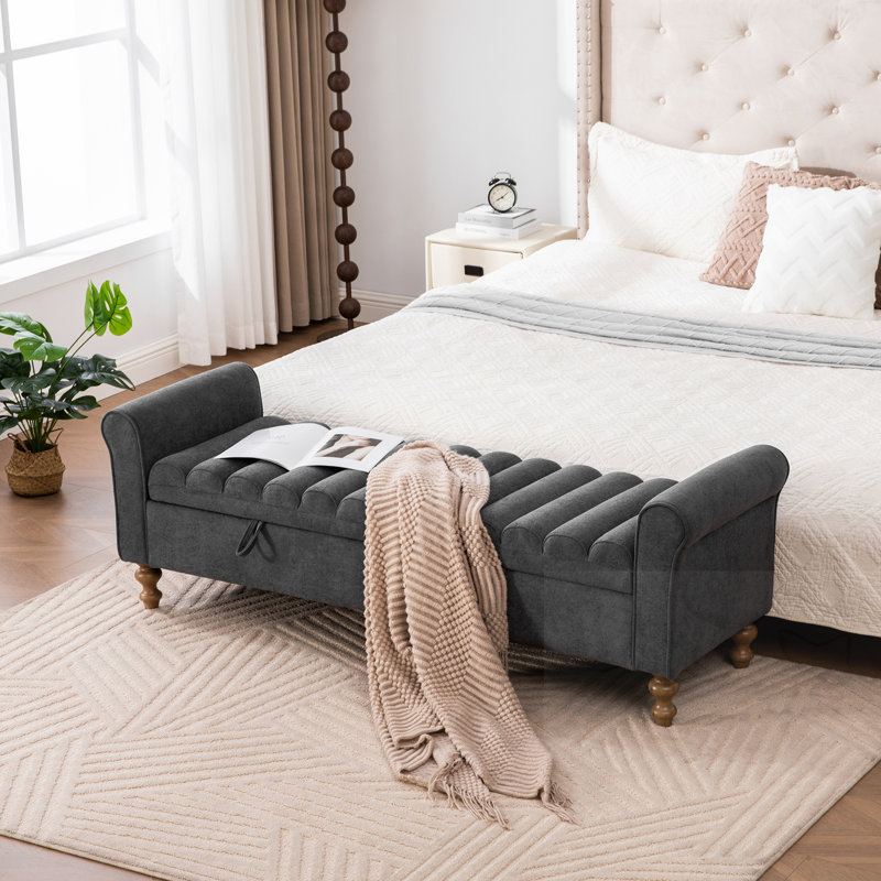 Upholstered Storage Bench With Rolled Armrest, Charcoal