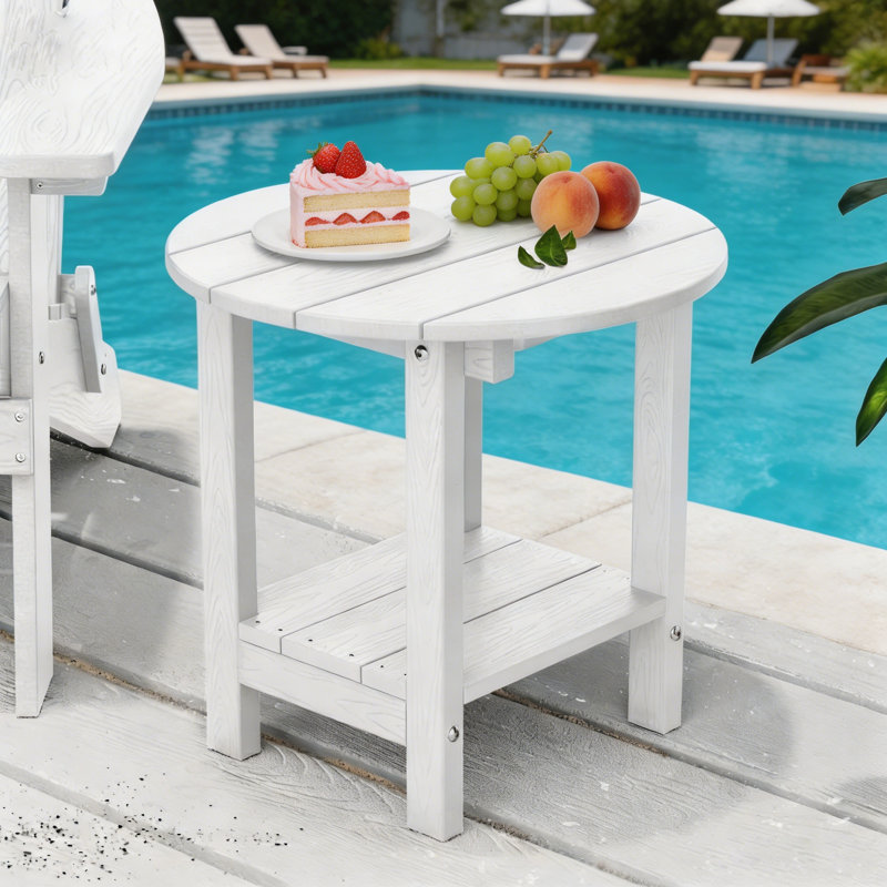 18" Round Outdoor Side Table HIPS Adirondack Table with Storage Shelf 2-Tier Plastic Adirondack End Table for Patio, Backyard or Balcony, White