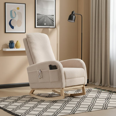Teddy Rocking Chair With Footrest & Side Pocket – Upholstered Nursery Glider With High Backrest