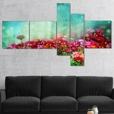 Little Red and Pink Flowers on Blue Graphic Art Print MultiPiece Image on Canvas