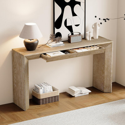 Console de style campagne moderne 60 po avec 2 tiroirs dissimulés, table d'entrée de style cascade avec pieds épaissis et grain de bois rustique pour le salon, l'entrée et le couloir (naturel)