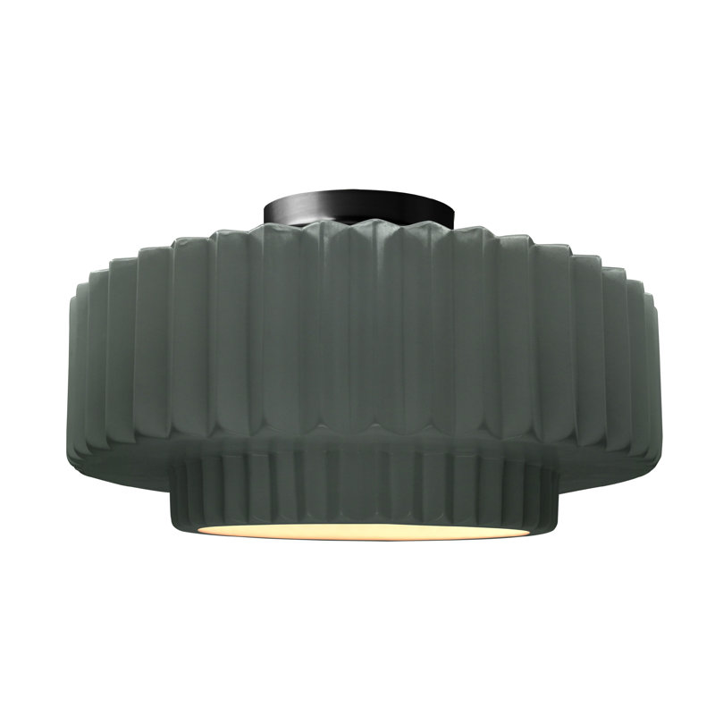 Radiance Ceramic Pleated Semi-Flush Mount, 8" H x 16.5" W x 16.5" D, Pewter Green, Matte Black