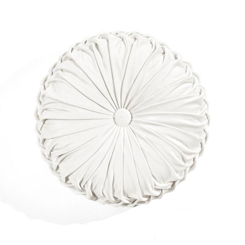 White Round Pleated Velvet Decorative Throw Pillow, 15 Inch