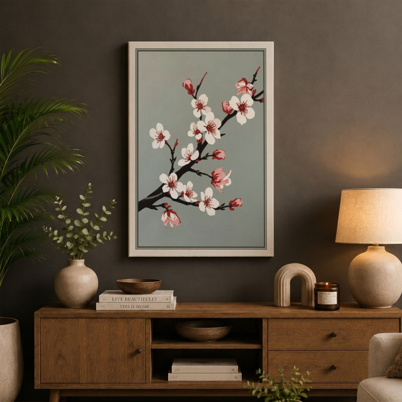 Cherry Blossoms Unfolding Botanical - Wrapped Canvas, 30x20 - 76.2 x 50.8 cm, Black Border