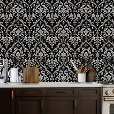 Peel and Stick Wallpaper Contact Paper Ornate Silver Damask Floral Self Adhesive and Removable 24in x 118in(60x300cm)