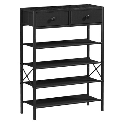 Range-chaussures à 5 niveaux avec 2 tiroirs en tissu et plateau en bois, range-chaussures en métal pour 16 à 20 paires, étagère à chaussures compacte pour garde-robe, vestibule et couloir